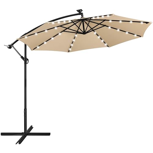 Yaheetech 10FT Solar Offset Umbrella - 32 LED Lights Cantilever Hanging Outdoor Umbrellas w/UV Protection & 8 Ribs & Handy Crank & Cross Base for Market/Garden/Lawn/Deck/Backyard/Pool Tan