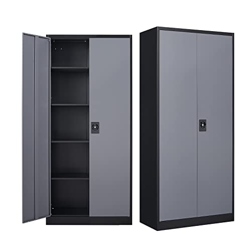 MIIIKO Metal Storage Cabinet with Locking Doors, Black Garage Lockable Steel Cabinets with Doors and Shelves for Home, Garage, Pantry Workshop Warehouse