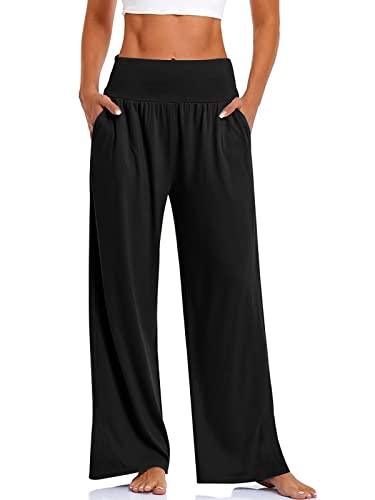 DLOODA Womens Wide Leg Pants Loose Yoga Sweatpants Comfy Lounge Pajama Casual Flowy Palazzo Pants with Pockets Black