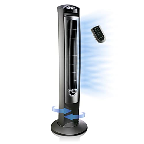 Lasko Portable Electric 42' Oscillating Tower Fan with Nighttime Setting, Timer and Remote Control for Indoor, Bedroom and Home Office Use, Silver, T42951