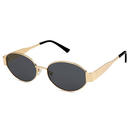 SOJOS Retro Oval Sunglasses for Women Men Trendy Sun Glasses Classic Shades UV400 Protection SJ1217 Gold/Grey Lens