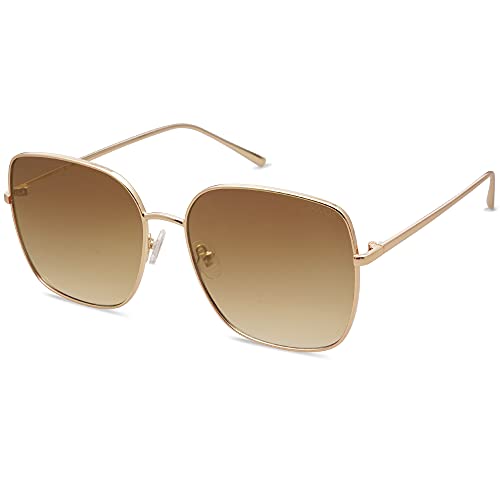 SOJOS Trendy Oversized Square Metal Frame Sunglasses for Women Men Flat Mirrored Lens UV Protection Sunglasses SJ1146 with Bright Gold Frame/Brown Grading Lens