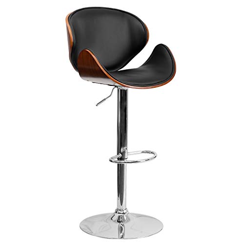 Flash Furniture Farley Walnut Bentwood Adjustable Height Barstool with Curved Back and Black Vinyl Seat