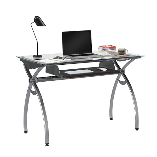Techni Mobili Modern Work Desk-43.25” Wide Tray-Perfect Clear Contempo Glass Top Computer Desk with Pull Out Keyboard Panel, 43.25' W x 22.5' D x 29.5' H