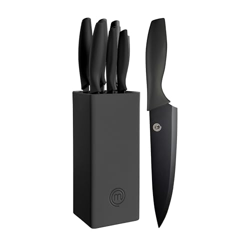 MasterChef Black Knife Set with Block, 6 Kitchen Knives with Extra Sharp Stainless Steel Blades for Professional Cutting with Non Stick Coating & Soft Touch Easy Grip Handles in a Universal Holder