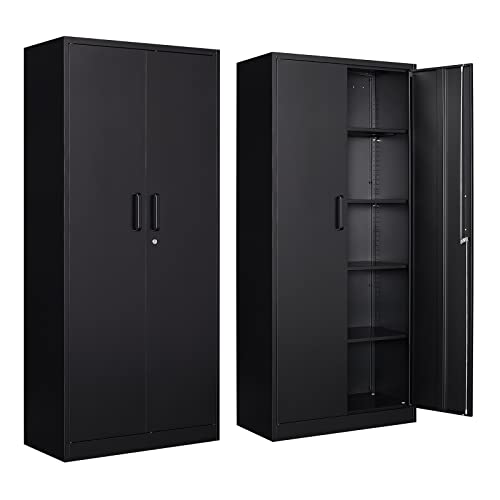 Yizosh Metal Garage Storage Cabinet with 2 Doors and 4 Adjustable Shelves - 71' Steel Lockable File Cabinet,Locking Tool Cabinets for Office,Home,Garage,Gym,School (Black)