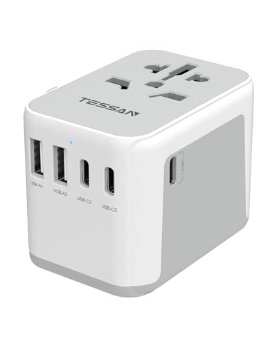 TESSAN Universal Travel Adapter, International Power Adapter 5.6A 3 USB C 2 USB A Ports, Plug Adaptor Travel Worldwide, All-in-one Travel Charger Outlet Converter for Europe UK EU AUS (Type C/G/A/I)