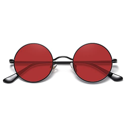 MEETSUN Small Round Sunglasses Polarized for Men Women Retro Vintage Circle Hippie Sun Glasses UV400(Black Frame-Red Lens)