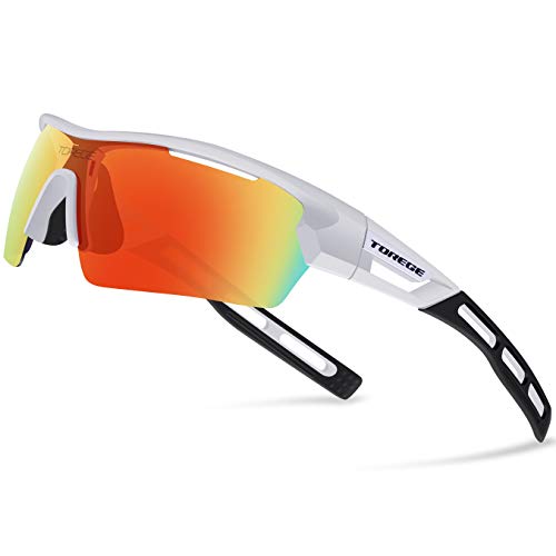 TOREGE Polarized Sports Sunglasses for Men Women Cycling Running Driving TR033(White&Black Tips&Red Lens)