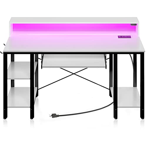 Rolanstar Computer Desk 47 inch with LED Lights & Power Outlets, Gaming Desk with Storage Shelves, Home Office Desk with Keyboard Tray, Writing Desk with Monitor Stand, Study Desk, White