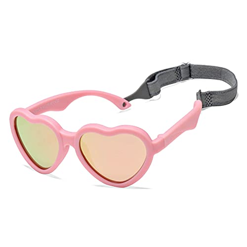 Hycredi Heart Shaped Baby Sunglasses with Strap Adjustable Polarized Newborn Infant Sun glasses Toddler Shades for Age 0-24 Months (Pink/Pink Mirrored)