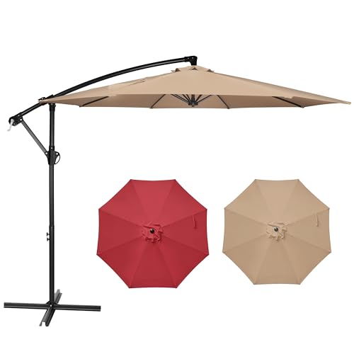 YSSOA 10ft Cantilever Patio Umbrella, Offset Hanging Outdoor Market Umbrellas with Cross Base and Crank for Garden, Lawn and Deck, Tan