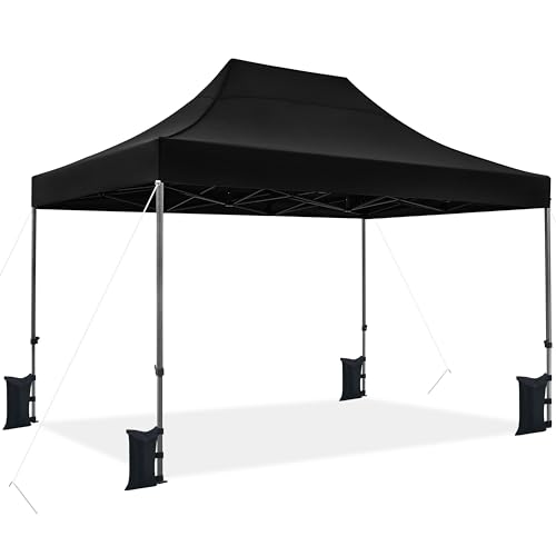 Yaheetech Heavy Duty Pop Up Canopy Tent, 10x15 Commercial Instant Shelter Tent, Outdoor Adjustable Canopy with Wheeled Bag, 4 Sandbags & 8 Stakes, Black