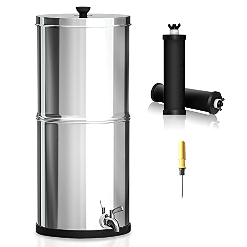 Purewell 2.25 Gallon Stainless Steel Gravity Water Filter System with 2 Black Purification Elements, Countertop Filtration System for Home and Outdoor Use (Without Stand)