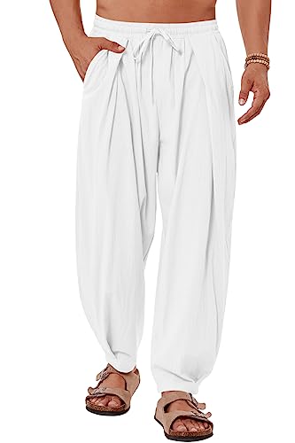 Gafeng Mens Linen Yoga Pants Elastic Waist Drawstring Summer Beach Loose Fit Casual Tapered Trousers White