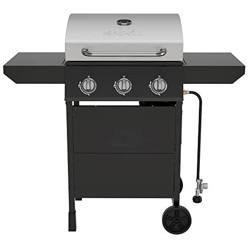 Nexgrill Premium 3 Burner Propane Barbecue Gas Grill, Side Table Open Cart with Wheels, Outdoor Cooking, Patio, Garden Barbecue Grill, 27000 BTUs, Black and Silver