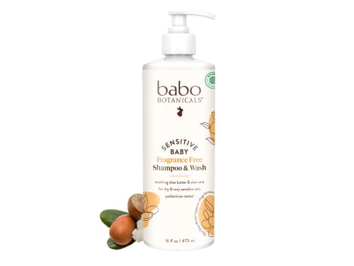 Babo Botanicals Sensitive Baby Fragrance-Free 2-in-1 Shampoo & Wash - with Natural Oat Protein, Shea & Cocoa Butter - EWG Verified & Hypoallergenic - 16 fl. oz.