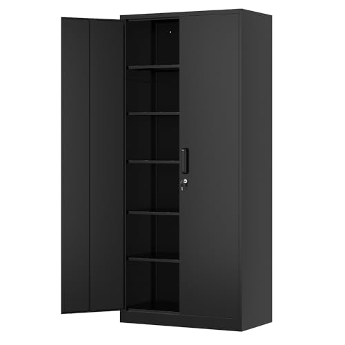 Fesbos Metal Storage Cabinet-71” Tall Steel File Cabinets with Lockable Doors and Adjustable Shelves-Black Steel Storage Cabinet for Home, School, Office, Garage