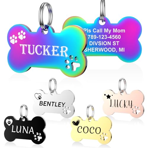 Dog Tags Engraved for Pets - YEHANTI Personalized Dog Tags with Lovely Icons, Durable Stainless Steel Pet ID Tags for Small Large Dogs Cats, Custom Dog Name Tags Engraved on Both Sides (Bone)