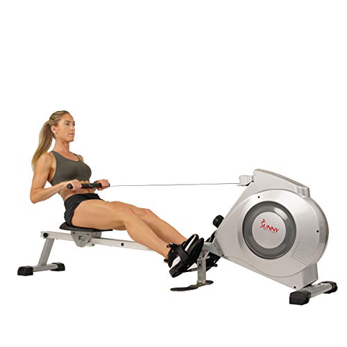 Sunny Health & Fitness Magnetic Rowing Machine w/ Digital Monitor, 300 LB Weight Capacity, Dual Function Multi-Exercise Foot Plates and Portability Wheels - SF-RW5612,Gray