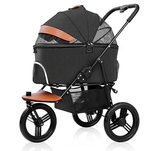 Nahofi Dog Stroller for Medium Small Dogs, 3in1 Pet Stroller Zipperless Dog Cat Jogger Stroller 3 Wheels with Detachable Dog Carriage, Storage Basket and One-Button Folding Frame for Pets Walk-Black