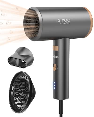 SIYOO Hair Dryer with Diffuser, 1600W Ionic Blow Dryer, Constant Temperature Hair Care Without Hair Damage, Lightweight Portable Travel, Hairdryer