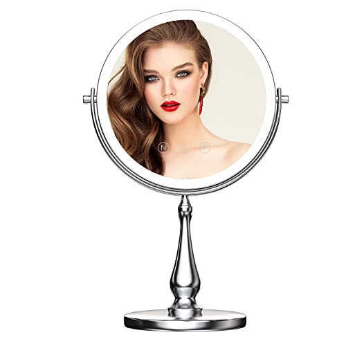 WIZCHARK 9' Large Lighted Makeup Mirror, 1X/10X Magnifying Vanity Mirror with 3 Colors Dimmable Lightning, 80 LED Lights, 360°Rotation Double Sided Standing Desk Mirror