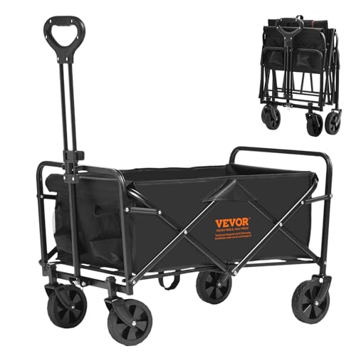 VEVOR Collapsible Folding Wagon Cart, 220lbs Heavy Duty Wagons Carts Foldable with Wheels, Outdoor Portable Garden Cart Utility Wagon for Groceries Camping Sports with Large Capacity & Drink Holder