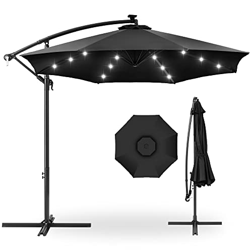 Best Choice Products 10ft Solar LED Offset Hanging Market Patio Umbrella for Backyard, Poolside, Lawn and Garden w/Easy Tilt Adjustment, Polyester Shade, 8 Ribs - Black