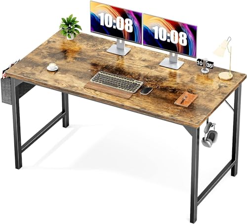 Sweetcrispy Computer Desk - Office 48 Inch Writing Work Student Study Modern Simple StyleWooden Table with Storage Bag & Iron Hook for Home Bedroom - Rustic Brown