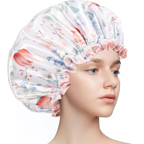 Auban Shower Caps, Waterproof Shower Cap for Women Long Hair, Double Layers Reusable Shower Cap with Soft Comfortable PEVA Lining Non-fading Bathing Shower for Ladies