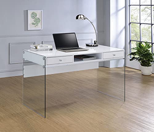COASTER Writing Desk with Glass Sides Glossy White and Clear
