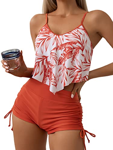 MakeMeChic Women's Tankini Set Hanky Hem Top Swim Shorts Bikini Set Swimsuit Bathing Suit Tropical Orange S