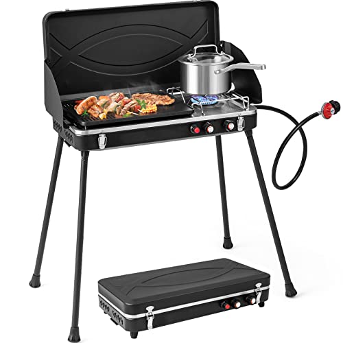 Giantex 2-in-1 Gas Camping Grill and Stove, Portable Propane Grill Burner with Dual Control Knobs, Detachable Legs, 3-Sided Wind Screen, Gas Hose with Regulator, 20,000 Total BTUs (Black)