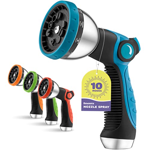 Hose Nozzle [Blue] Heavy Duty Hose Sprayer With 10 Adjustable Watering Patterns - Thumb Control Design, Comfortable Ergonomic Grip, Garden Hose Nozzle for Watering Plants & Lawns. Fun Showers/Cleaning