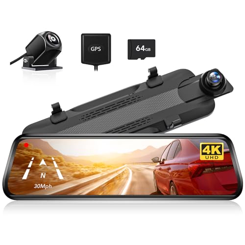 WOLFBOX G930 4K 10' Rear View Mirror Camera, Dash Cam Front and Rear for Car with 64GB Card, Touch Screen Smart Rear View Mirror Backup Camera, Parking Monitor, Reverse Assist, GPS, Support 256GB Max