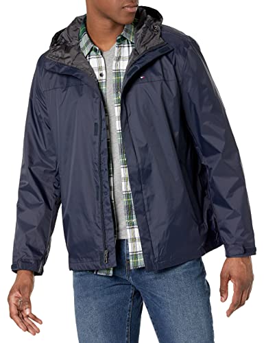 Tommy Hilfiger mens Lightweight Breathable Waterproof Hooded Jacket Raincoat, Navy, Large US