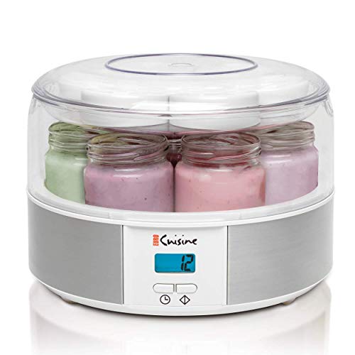 Euro Cuisine Yogurt Maker - YMX650 Automatic Digital Yogurt Maker Machine with Set Temperature - Includes 7-6 oz. Reusable Glass Jars and 7 Rotary Date Setting Lids for Instant Storage