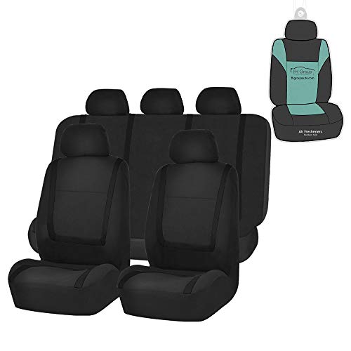 FH Group Car Seat Covers Unique Flat Cloth Full Set Automotive Seat Covers Front Set and Rear Solid Bench Black Seat Covers w. Gift Universal Fit Interior Accessories for Cars Trucks and SUVs