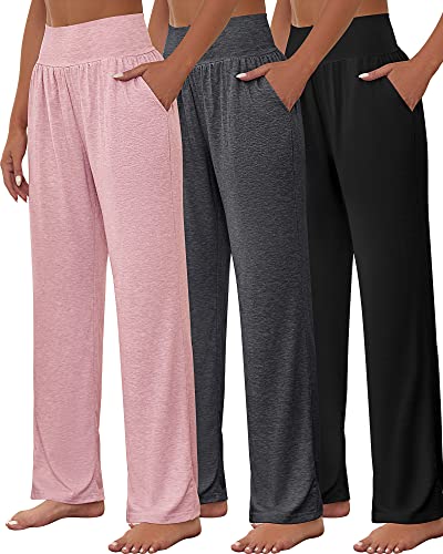 Neer 3 Pcs Women's Wide Leg Yoga Pant Comfy Loose Sweatpants High Waist Lounge Casual Athletic Pant Workout Joggers Pant (as1, Alpha, l, Regular, Regular, Black, Dark Gray, Pink)
