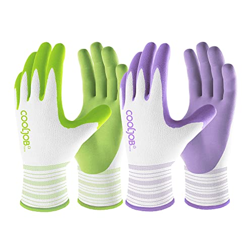 COOLJOB Gardening Gloves Best Gift for Women Ladies, 2 Pairs Breathable Rubber Coated Yard Garden Gloves, Outdoor Protective Work Gloves with Grip, Medium Size, Lavender Purple & Apple Green