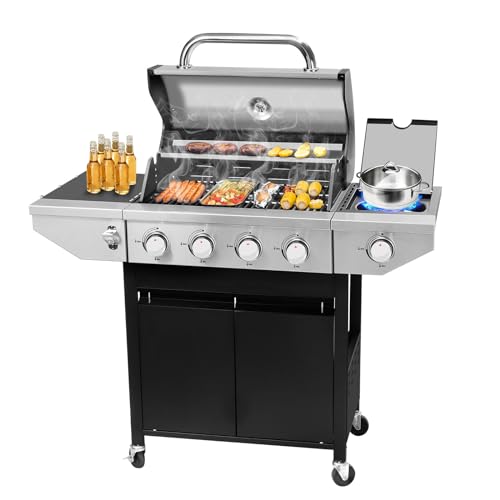 Unovivy 4-Burner Propane Gas BBQ Grill with Side Burner & Porcelain-Enameled Cast Iron Grates Built-in Thermometer, 47,000 BTU Outdoor Cooking, Patio, Garden Barbecue Grill, Black and Silver