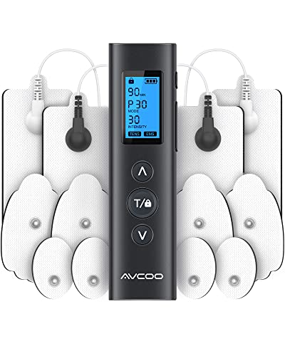 AVCOO 30 Modes TENS EMS Unit Compact Muscle Stimulator for Pain Relief, Rechargeable & Portable Dual Channel EMS Muscle Stimulator with 30 Intensity Levels and 12 Electrode Tens Unit Replacement Pads