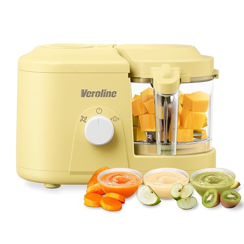 Veroline Baby Food Maker, One Button Rotate Control Baby Food Processor, Baby Puree Maker with Steaming and Grinding Functions, Baby Food Steamer and Blender, Yellow