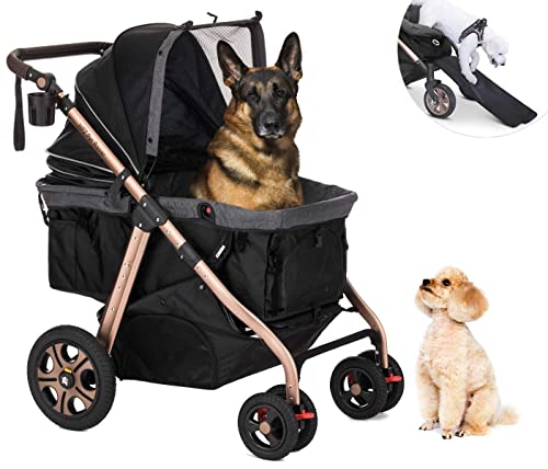 HPZ Pet Rover Titan-HD Premium Super-Sized Dog/Cat/Pet Stroller SUV Travel Carriage/w Access Ramp/100Lbs Capacity/Pumpless Rubber Wheels/Aluminum Frame for Small, Med, Large, XL Pets (Black)