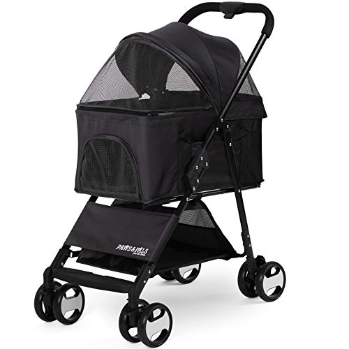 Paws & Pals Dog Stroller Easy to Walk Folding Travel Carriage for Pets & Cats - Black