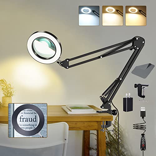 10X Magnifying Glass with Light, Lighted Magnifying Glass Magnifying Lamp 3 Color Modes Stepless Dimmable, 72 LEDs Real Glass Lens Magnifier with Light and Stand for Close Work, Repair, Reading, Craft