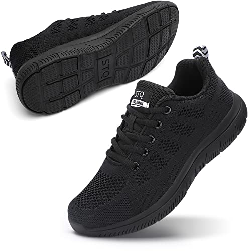 Women's Athletic Workout Sneakers Ultra Lightweight Lace up Training Shoes Casual Mesh Running Black 7.5