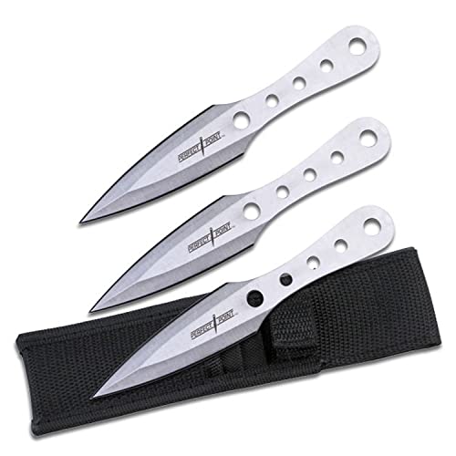 Perfect Point Throwing Knife Set – Set of 3 Throwers, 6.5-inches Overall, Satin Finish Stainless Steel Blades and Handles, Includes Nylon Sheath, Well Balanced, Throwing Sport Knives – PP-022-3S