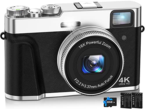 NEZINI 4K Digital Camera,Auto Focus 48MP Vlogging Camera for YouTube and Anti-Shake Video Camera with Viewfinder Flash & Dial,16X Zoom Travel Portable Digital Camera with 32GB Card,2 Batteries